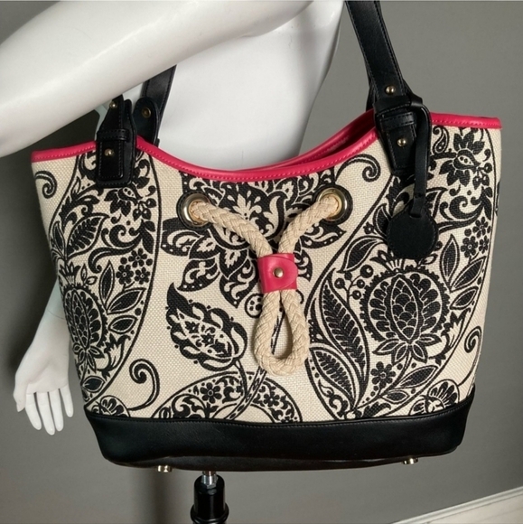 Spartina Tote Linen Canvas Double Leather Straps Paisley Print Rope Detail GUC - Picture 2 of 14
